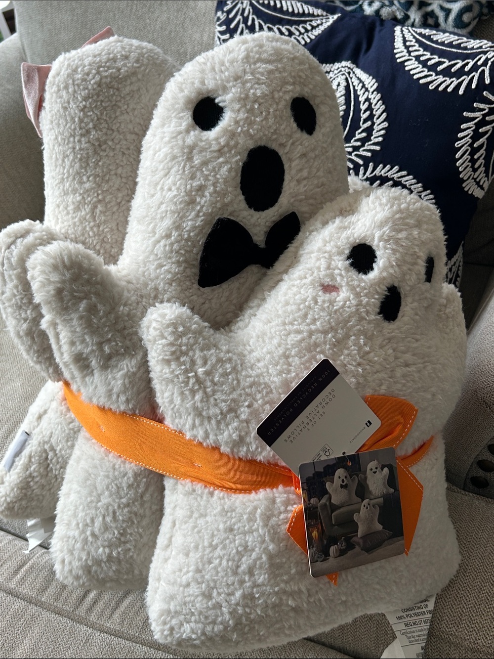 NEW! LARGE Set/3 Plush White Ghost Family Trio Halloween Throw Pillow Set
